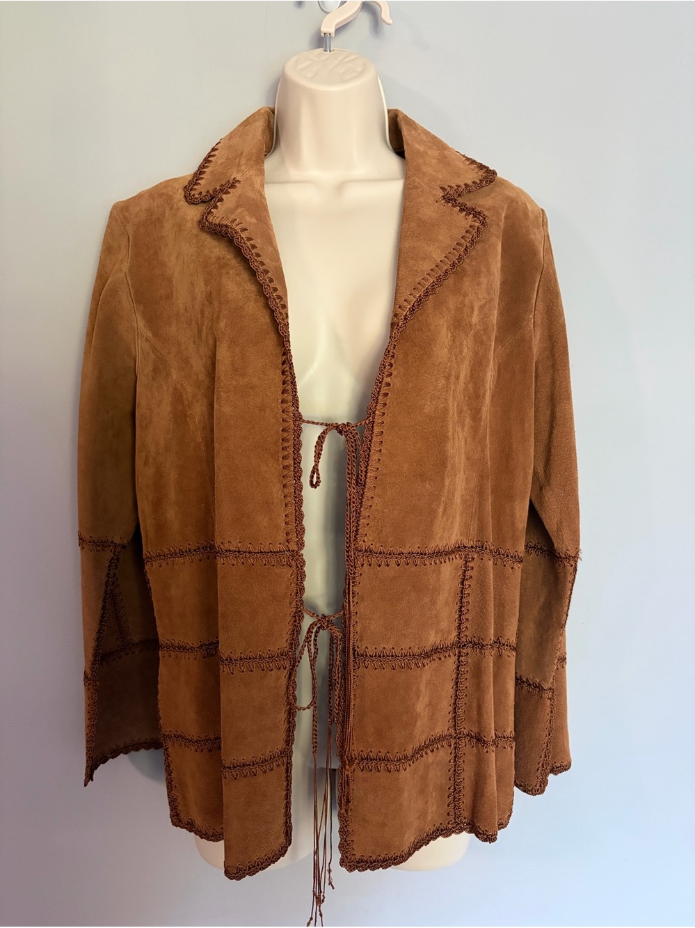 VTG Outbrook Suede Leather Jacket Size S 4/6 Brown Boho Whipstitch Tie Western